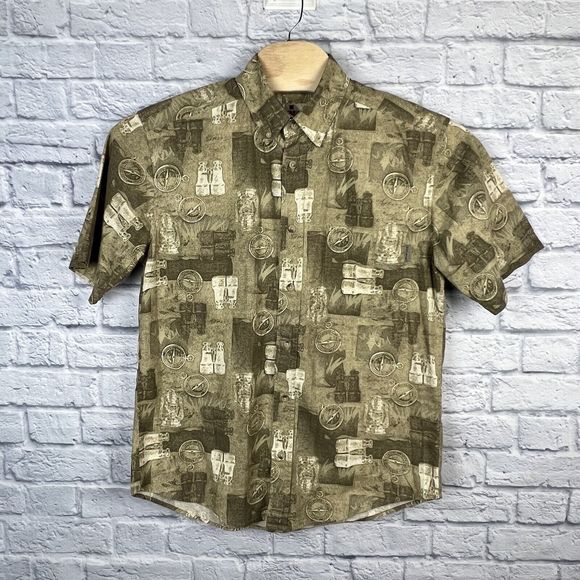 Vintage Woolrich Men Short Sleeve Button Down Shirt Compass & Binoculars Medium - Picture 2 of 7